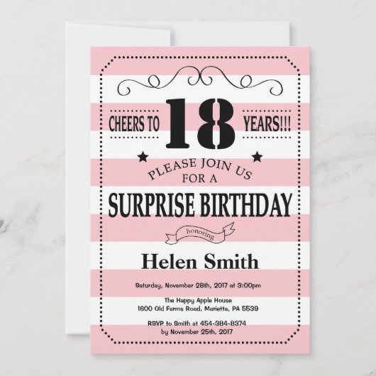 Invitation Surprise 18e anniversaire Pink and White Stripes (Devant)