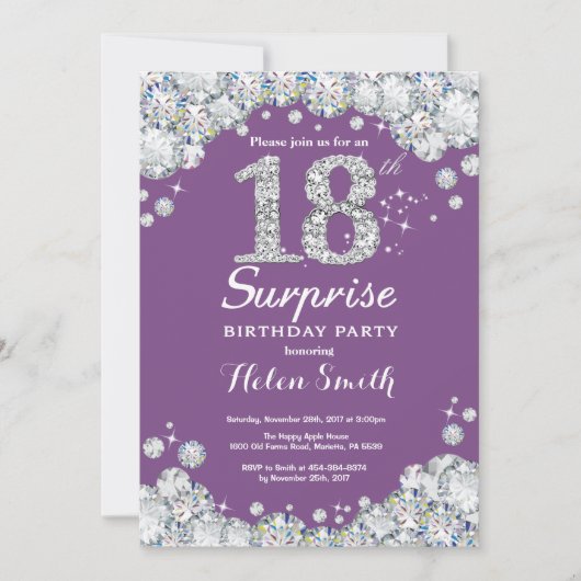 Invitation Surprise 18e anniversaire Purple et Silver Diamond (Devant)
