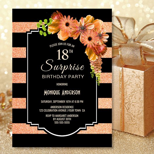 Invitation Surprise 18e anniversaire rayé orange floral