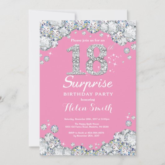 Invitation Surprise 18e anniversaire rose et diamant d'argent (Devant)