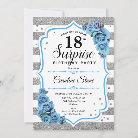Invitation Surprise 18e anniversaire - Silver White Blue (Devant)