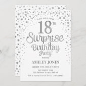 Invitation Surprise 18e fête d'anniversaire - Argent & Blanc (Devant / Derrière)