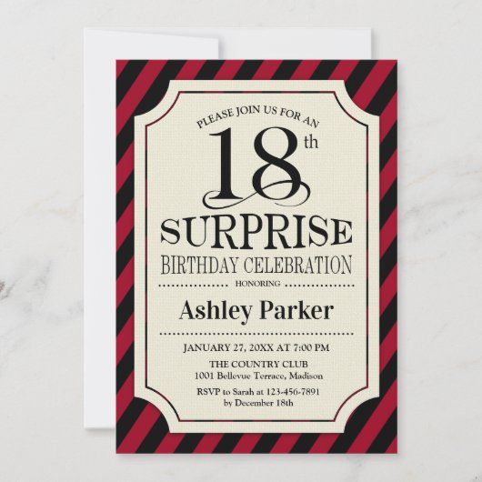 Invitation Surprise 18e fête d'anniversaire - Black Red Strip (Devant)