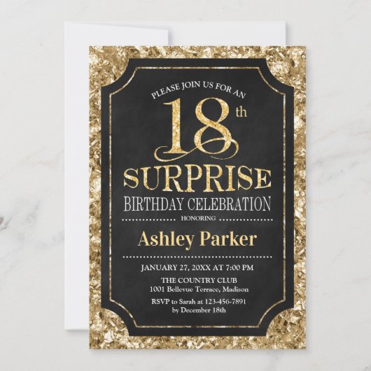 Invitation Surprise 18e fête d'anniversaire - Gold Black (Devant)