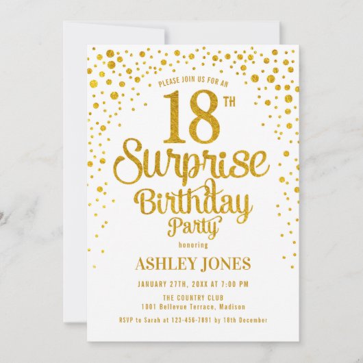 Invitation Surprise 18e fête d'anniversaire - Gold & White (Devant)
