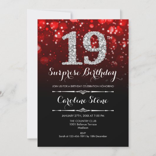 Invitation Surprise 19e anniversaire - Argent Noir Rouge (Devant)