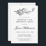 Invitation SURPRISE 19e Anniversaire Golf Thème<br><div class="desc">Elégante invitation d'anniversaire en noir et blanc pour un golfeur. Le top de l'invitation est décoré d'accessoires de golf - un club de golf, balle de golf, casquette et gants. L'aquarelle crée une esthétique traditionnelle et classique. Parfait pour un bain d'anniversaire au club ou un jardin barbecue. Tout le texte...</div>