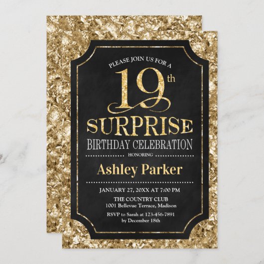 Invitation Surprise 19e fête d'anniversaire - Gold Black (Devant / Derrière)