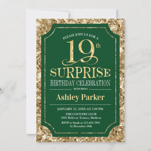 Invitation Surprise 19e fête d'anniversaire - Gold Green (Devant)