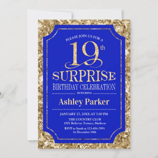 Invitation Surprise 19e fête d'anniversaire - Gold Royal Blue (Devant)