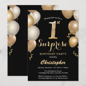 Invitation Surprise 1er anniversaire Ballons noir et or (Devant / Derrière)