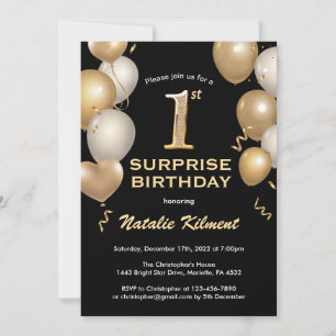 Invitation Surprise 1er anniversaire Ballons noir et or