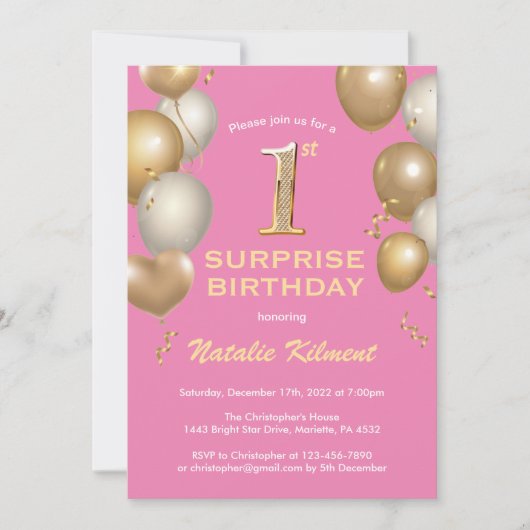 Invitation Surprise 1er anniversaire Ballons rose et or (Devant)