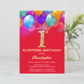 Invitation Surprise 1er anniversaire Ballons rouge et or (Debout devant)