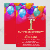 Invitation Surprise 1er anniversaire Ballons rouge et or (Devant / Derrière)