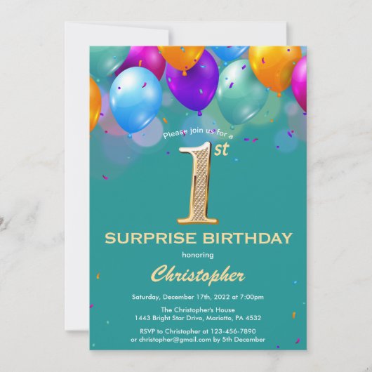 Invitation Surprise 1er anniversaire Ballons Turquoises et or (Devant)
