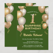 Invitation Surprise 1er anniversaire Ballons verts et or (Devant / Derrière)