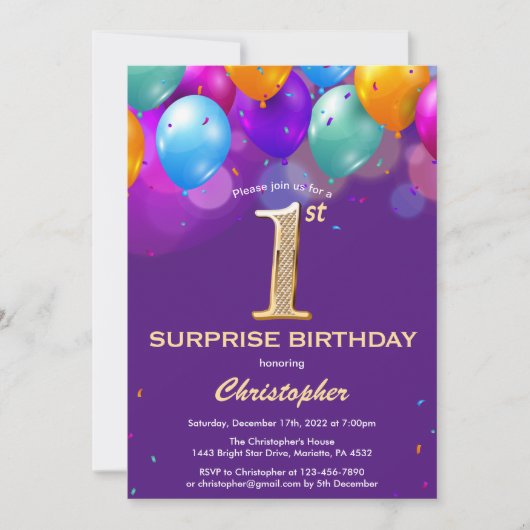 Invitation Surprise 1er anniversaire Ballons violet et or (Devant)