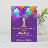 Invitation Surprise 1er anniversaire Ballons violet et or (Debout devant)