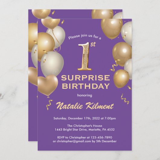 Invitation Surprise 1er anniversaire Ballons violet et or (Devant / Derrière)
