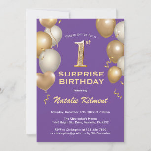 Invitation Surprise 1er anniversaire Ballons violet et or