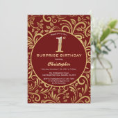 Invitation Surprise 1er anniversaire Bourgogne Rouge & Or Flo (Debout devant)