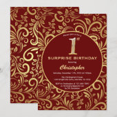 Invitation Surprise 1er anniversaire Bourgogne Rouge & Or Flo (Devant / Derrière)