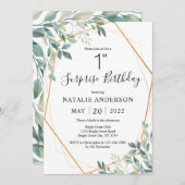 Invitation Surprise 1er anniversaire Eucalyptus Vert & Or (Devant / Derrière)