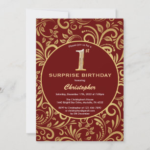 Invitation Surprise 1er anniversaire floral bordeaux rouge et