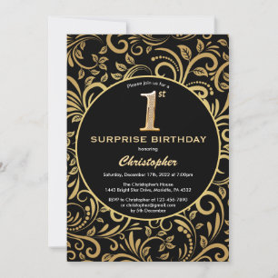 Invitation Surprise 1er anniversaire Floral noir et or
