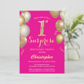Invitation Surprise 1er anniversaire Hot Pink et Gold Balloon (Debout devant)