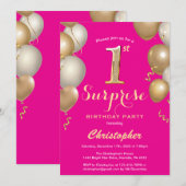 Invitation Surprise 1er anniversaire Hot Pink et Gold Balloon (Devant / Derrière)