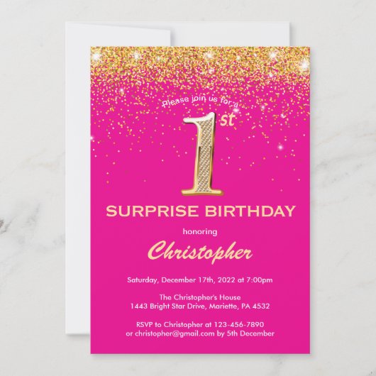 Invitation Surprise 1er anniversaire Hot rose et Parties scin (Devant)