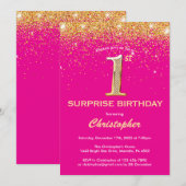Invitation Surprise 1er anniversaire Hot rose et Parties scin (Devant / Derrière)