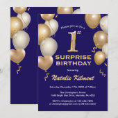 Invitation Surprise 1er anniversaire Marine Bleu et or Ballon (Devant / Derrière)