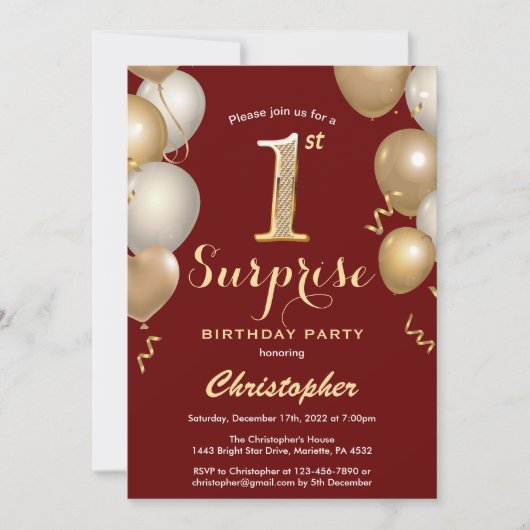 Invitation Surprise 1er anniversaire Sombre Rouge et Or Ballo (Devant)
