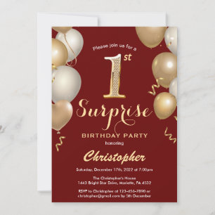 Invitation Surprise 1er anniversaire Sombre Rouge et Or Ballo