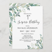 Invitation Surprise 1er Anniversaire Vert Eucalyptus Verdure (Devant / Derrière)