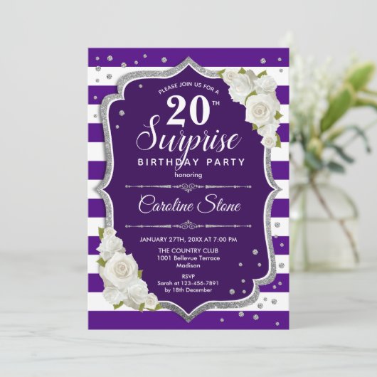 Invitation Surprise 20e anniversaire - Argent violet (Debout devant)