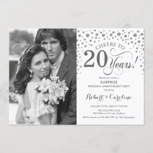 Invitation Surprise 20e anniversaire avec photo blanc argent
