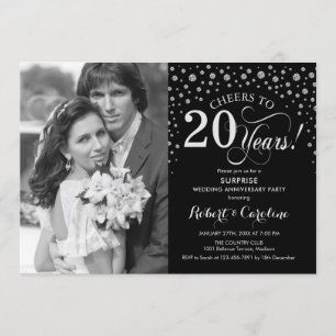 Invitation Surprise 20e Anniversaire avec Photo Noir Argent