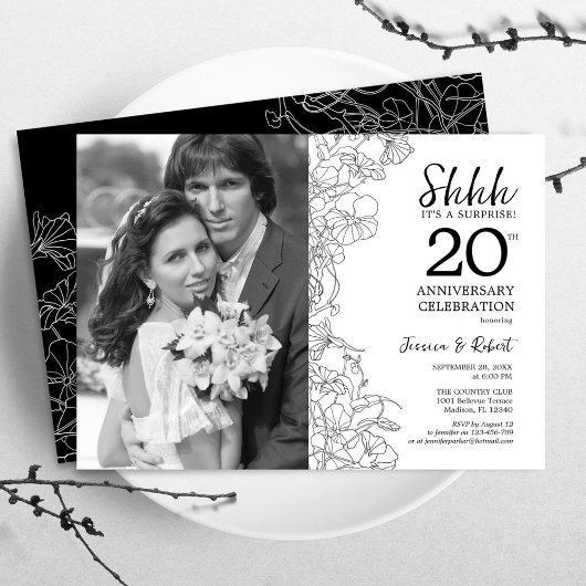 Invitation Surprise 20e anniversaire avec photo noir blanc