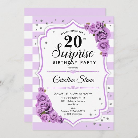 Invitation Surprise 20e anniversaire - Blanc pourpre (Devant / Derrière)