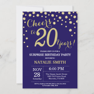 Invitation Surprise 20e Anniversaire Bleu Nuit et Diamant Dor