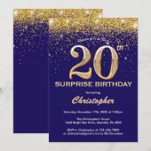 Invitation Surprise 20e Anniversaire Bleu Nuit et Paillettes (Devant / Derrière)