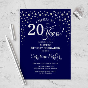 Invitation Surprise 20e anniversaire de fête - Argent de la M