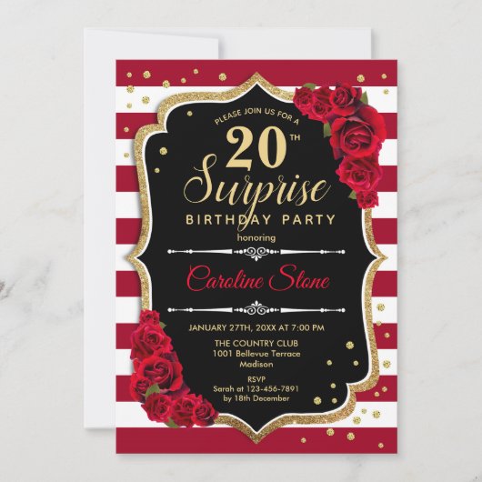 Invitation Surprise 20e anniversaire - Noir Blanc Rouge (Devant)