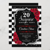 Invitation Surprise 20e anniversaire - Noir Blanc Rouge (Devant / Derrière)