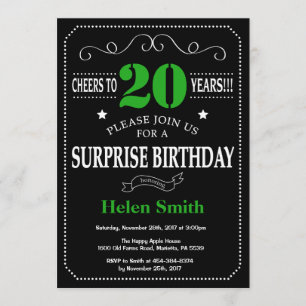 Invitation Surprise 20e anniversaire noir et vert Chalkboard