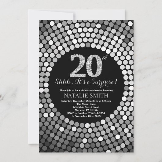 Invitation Surprise 20e anniversaire Parties scintillant noir (Devant)